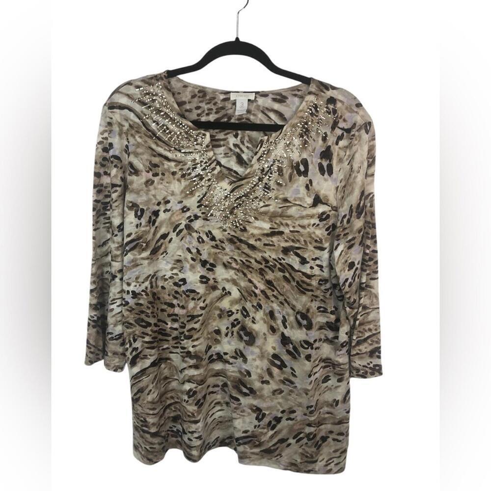 Chico’s Animal Print Top Brown Lavender Two Tone Studs at V Neck 3/4 Sleeve